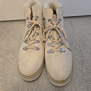 Cream Suede Lace-Up Boots